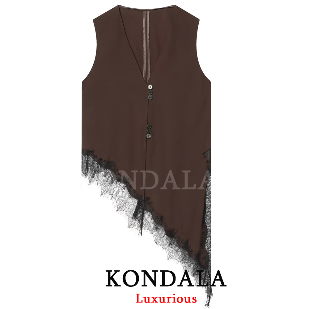 KONDALA Elegant Chic Women Top Solid Asymmetrical V-Neck Sleeveless Button Top Fashion 2026 Spring Summer Party Holiday Top