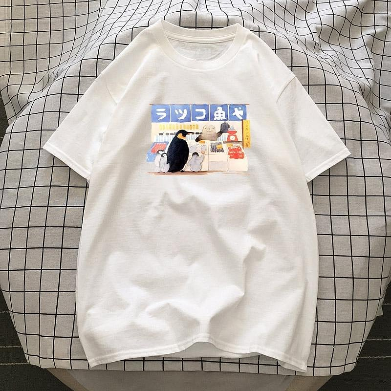 Cute Kawaii Penguin Japanese Fish Shop Graphic T Shirt Funny Animal Store Design Short-sleeved Tee Casual Fashion Top for Women
