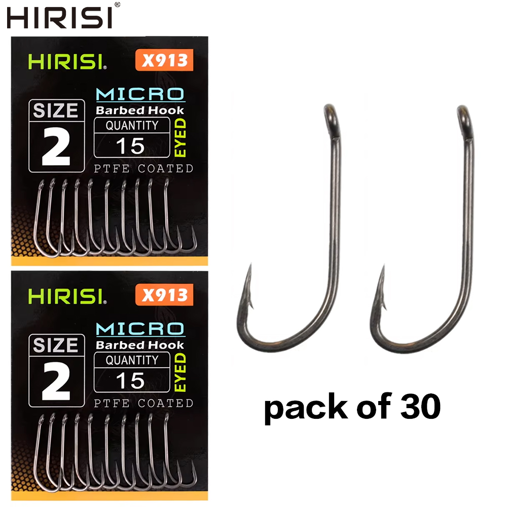 Hirisi 30pcs PTFE Coated High Carbon Steel Fish Hook Micro Barbed With Eye Long Shank X913 Carp Fishing Accessories
