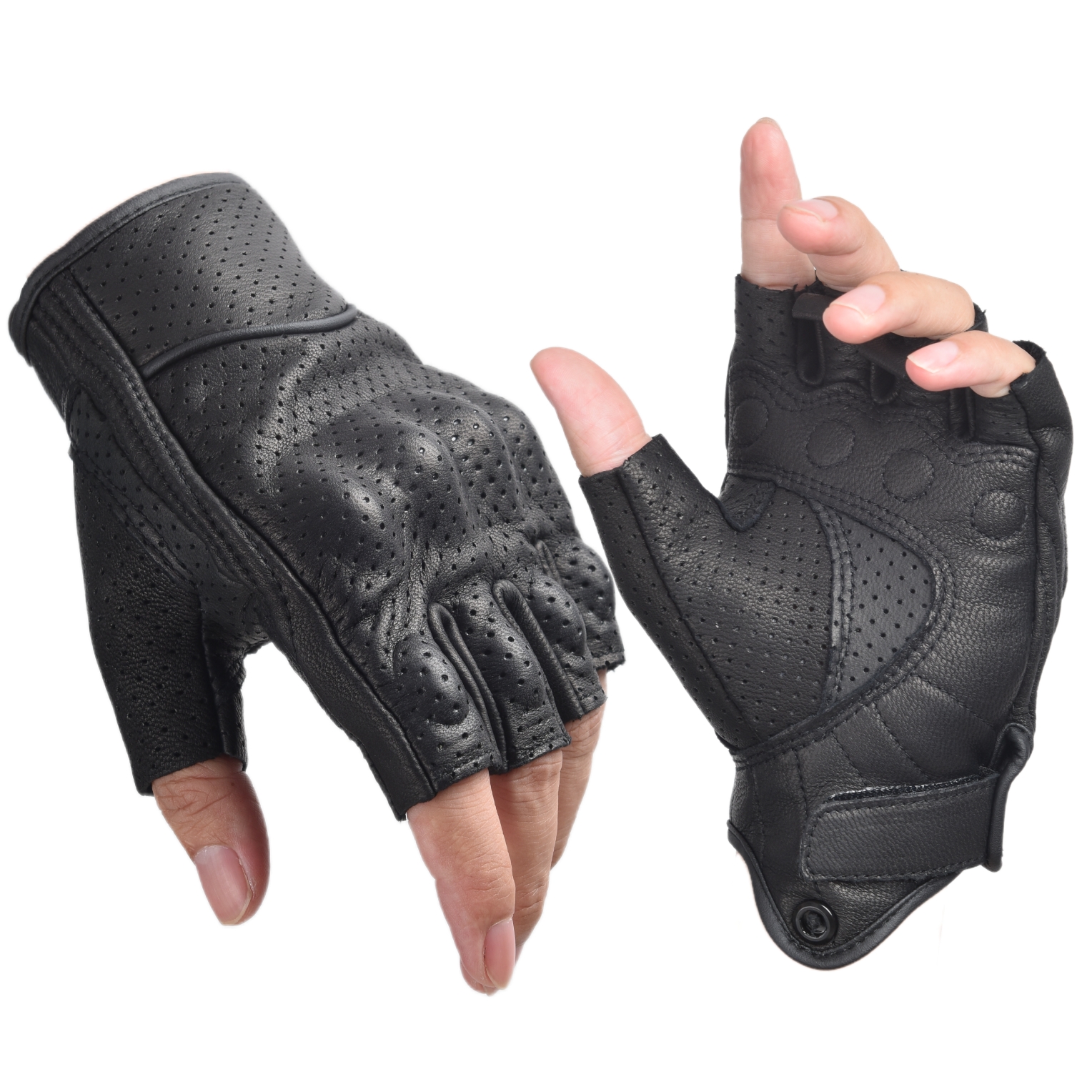 Motorcycle Gloves Perforated Genuine Leather Motor Riding Gloves Half Finger for Men Women Fingerless Summer Gloves Black