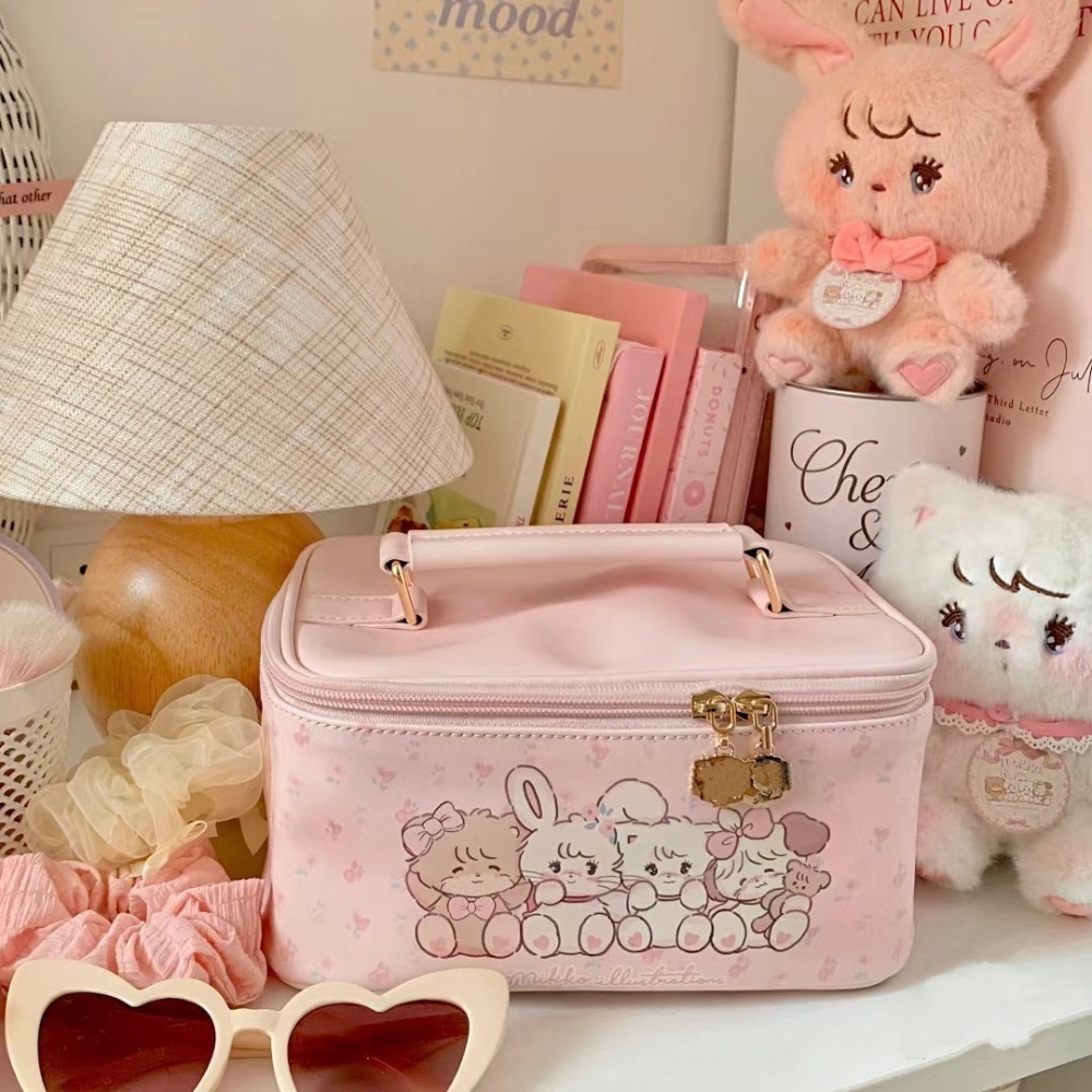 Kawaii Mikko Joint 2023 New Double-layer Bow Cosmetic Bag Cute Girly Heart Large Capacity Storage Bag Handbag Girls