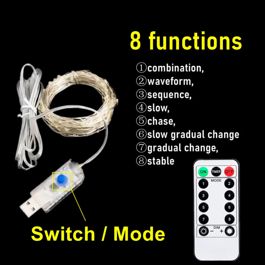 USB LED Fairy Light String Lights 1-20M 8 Function Remote Control Garland for New Year Wedding Party Garden Decoration