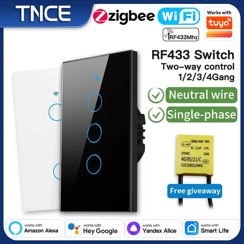 Smart Zigbee Wall Light Switches No Neutral No Capacitor 1 2 3 4 Gang US Physical Button Interruptor Smart Life Alexa
