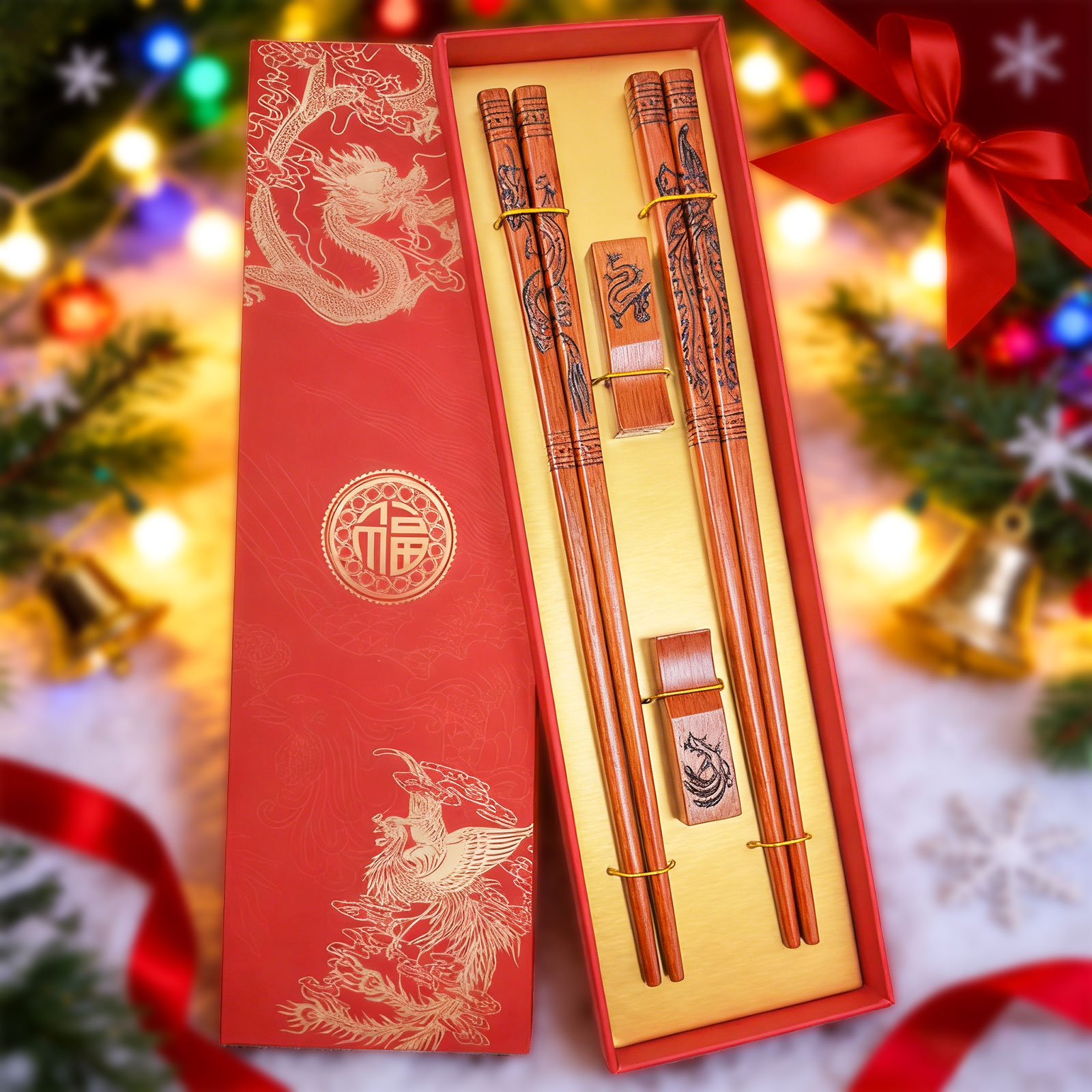 2 Pairs Chinese Dragon Phoenix Wooden Chopsticks, Premium Set with Stand for Wedding, , Valentine‘s,