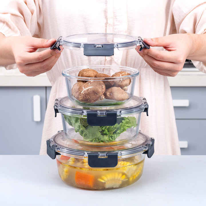 3 Set Round Glass Food Storage Containers with Airtight Lid Microwave/Oven/Freezer & Dishwasher Safe. BPA/PVC Free (350/500/850ml) Reusable Round container set
