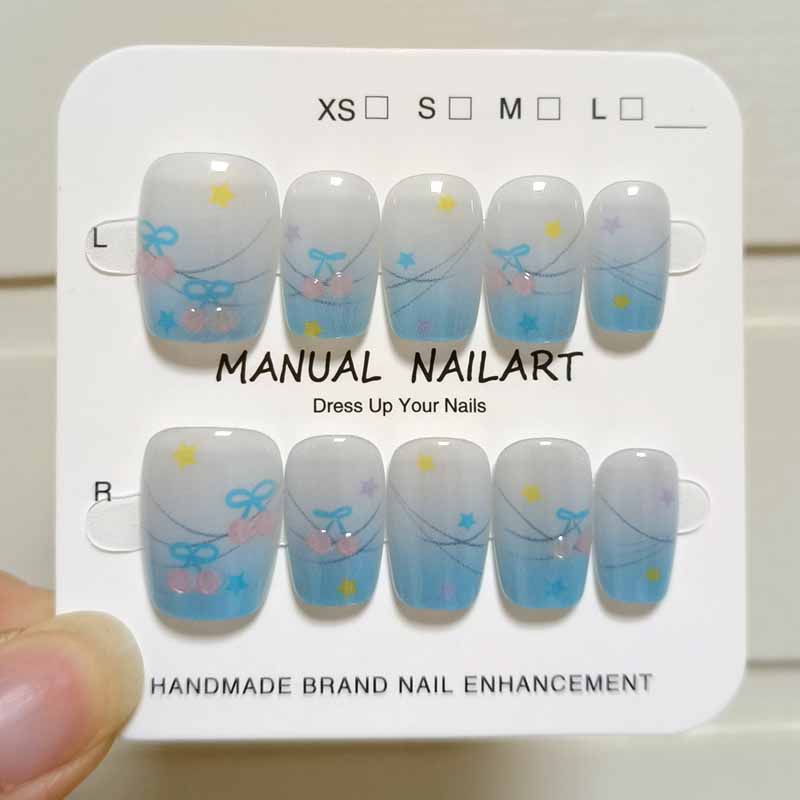 10Pcs Summer Girls Cute Blue Pink Cherry Nail Art Cat Eye Wearing Armor Relief Cute White Flower Fake Nails Press on Nails