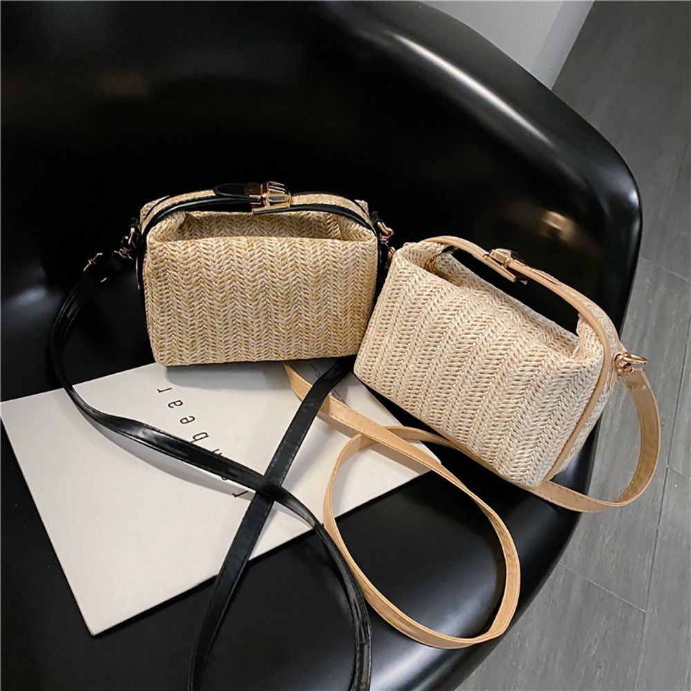 Fashion with Hardware Lock Crossbody Bag Trendy Large Capacity Simple Straw Handbag Soft Handle Beach Bag Women Girl