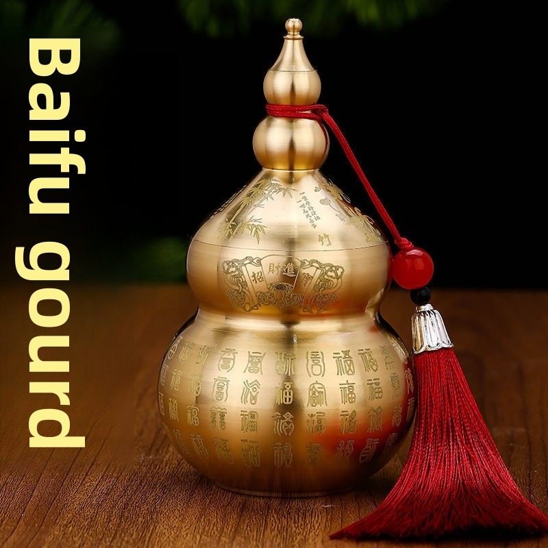 Brass/Copper Feng Shui Gourd Ornament with Tassel Chinese Wu Lou Decor for Home Office Desktop Good Luck Wealth