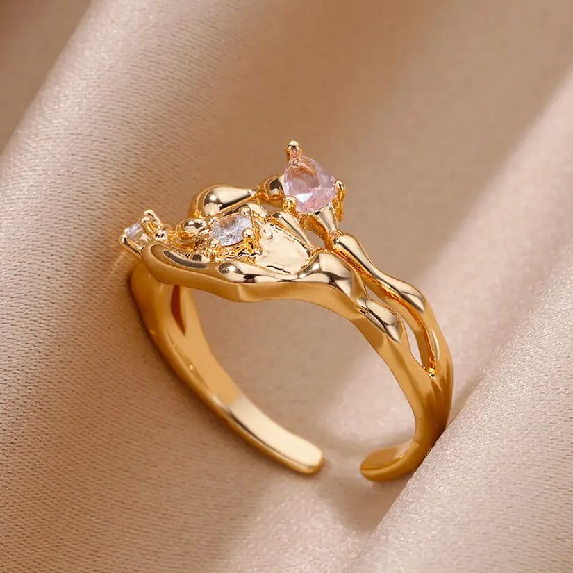 Zircon Lava Geometric Open Ring for Women Gold Plated Stainless Steel Ring Wedding Jewelry for Daily Wear