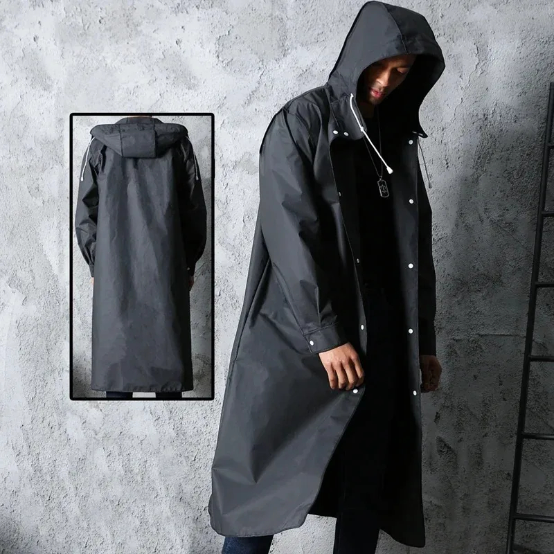 Black Fashion Waterproof Long Raincoat Women Men Rain Coat Hooded For Outdoor Hiking Travel Fishing Climbing Thickened
