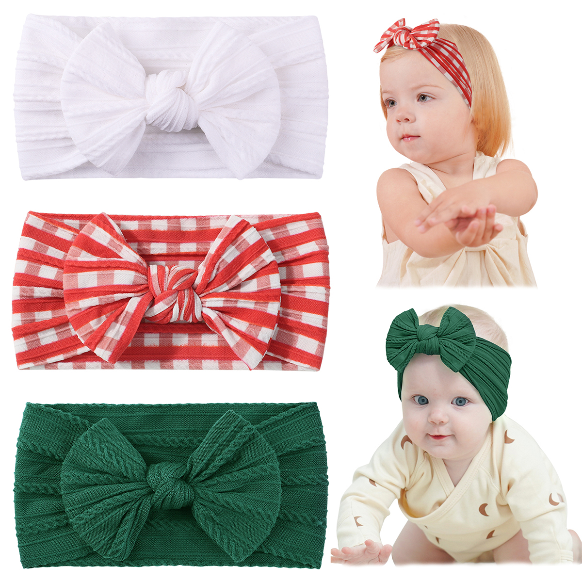 3pcs/set Baby Girls Plaid Knot Bows Headband Set Cute Nylon Wide Turban Wraps Hair Accessories for Infants