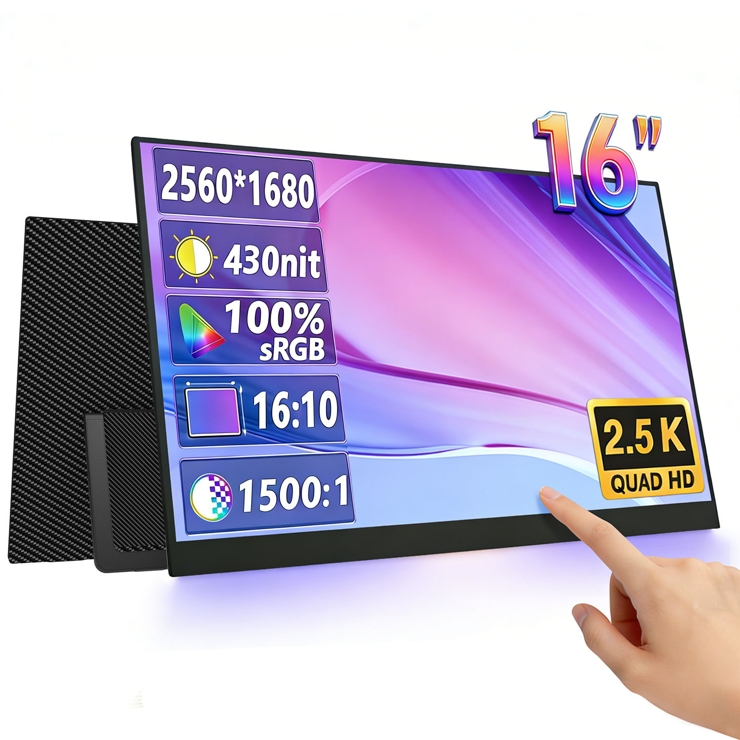 16 Inch Portable QHD Monitor Touch Display 2.5K 100%sRGB 430Nits 1500:1 External Touchscreen Monitor for Business Travel
