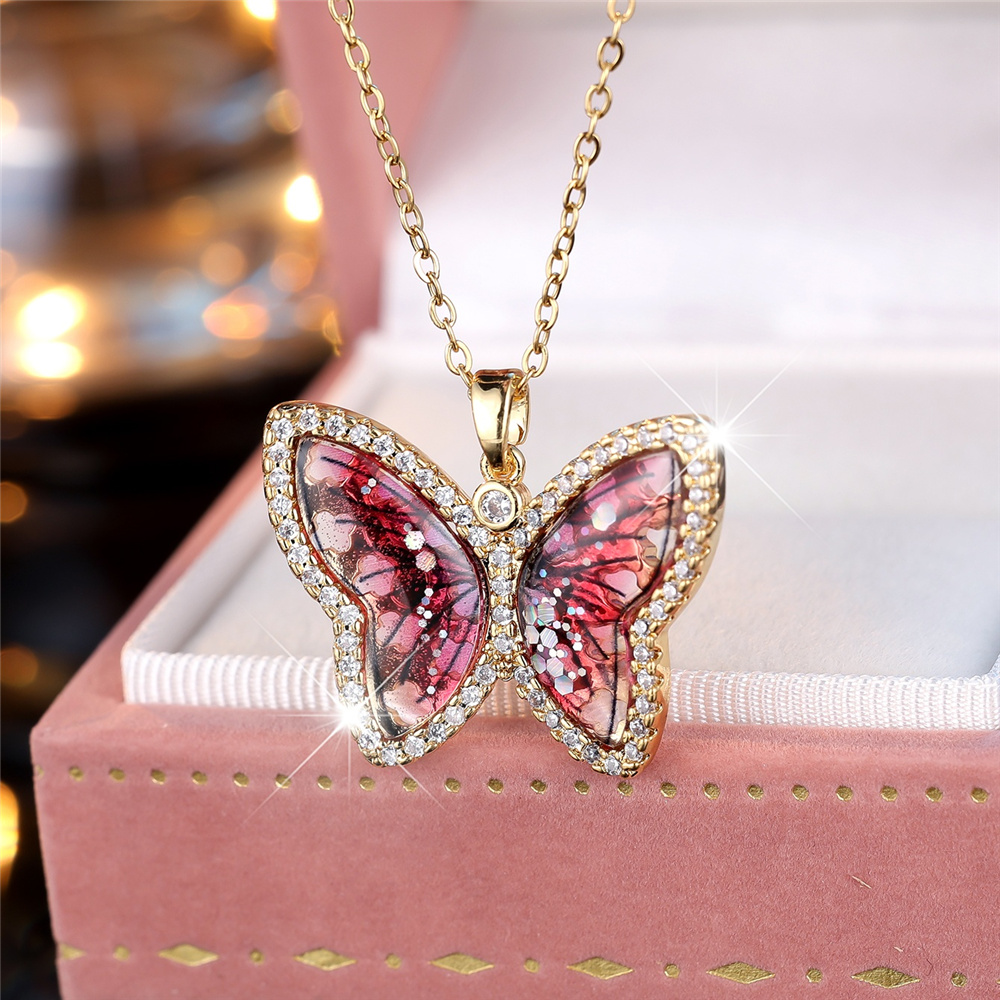 Female Crystal White Zircon Red Stone Cute Butterfly Pendant Necklace Vintage Gold Color Wedding Jewelry For Women