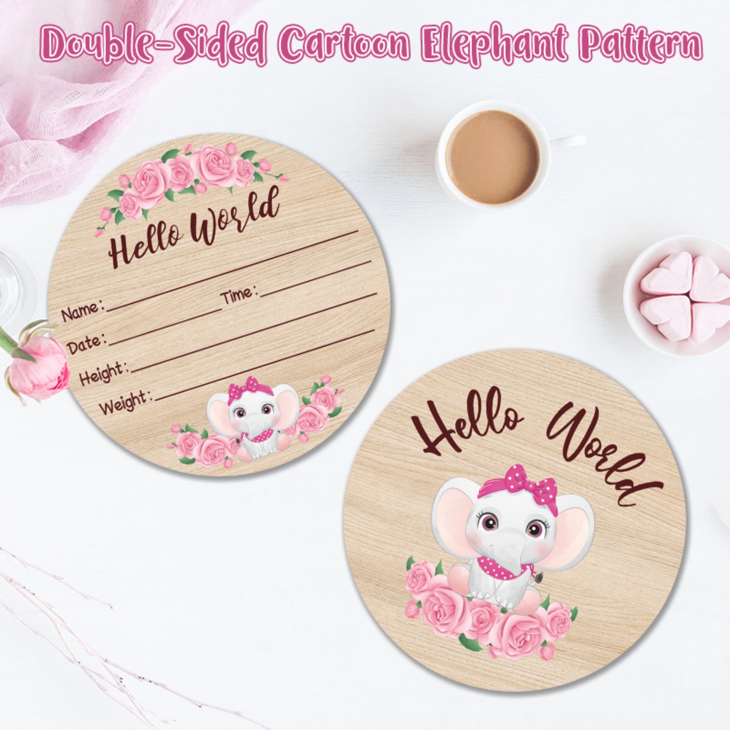 1pcs Pink Elephant Baby Birth Announcement Board Wooden Sign with Black Marker for Newborn Photo Prop Customizable Baby Keepsake
