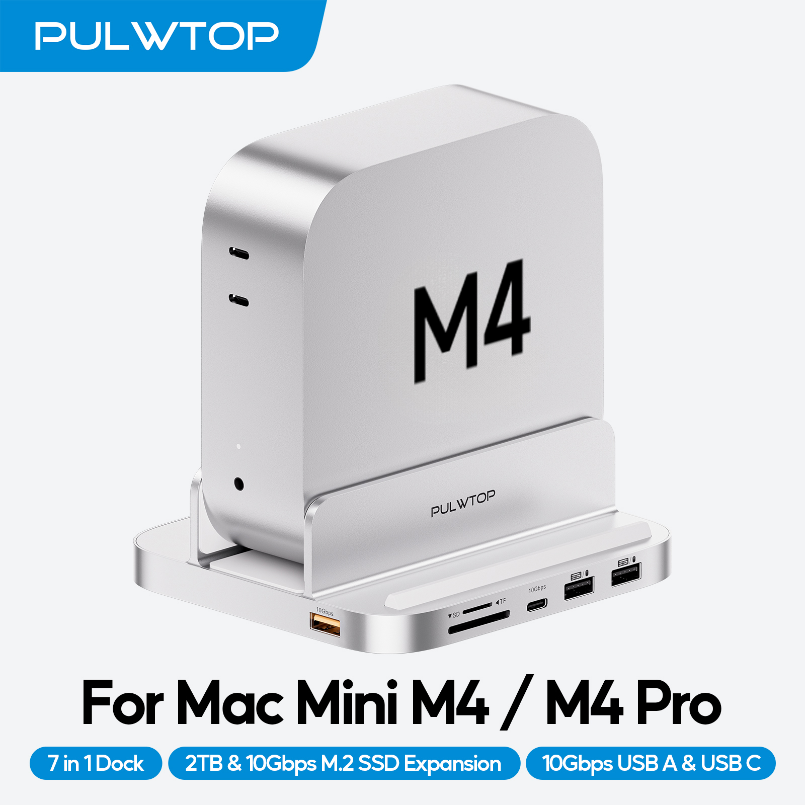 PULWTOP Mac Mini M4 Hub with M.2 SSD Enclosure (NOT Included), with USB A/C 3.2, Audio Mic, SD/TF, for Mac Mini M4/M4 Pro