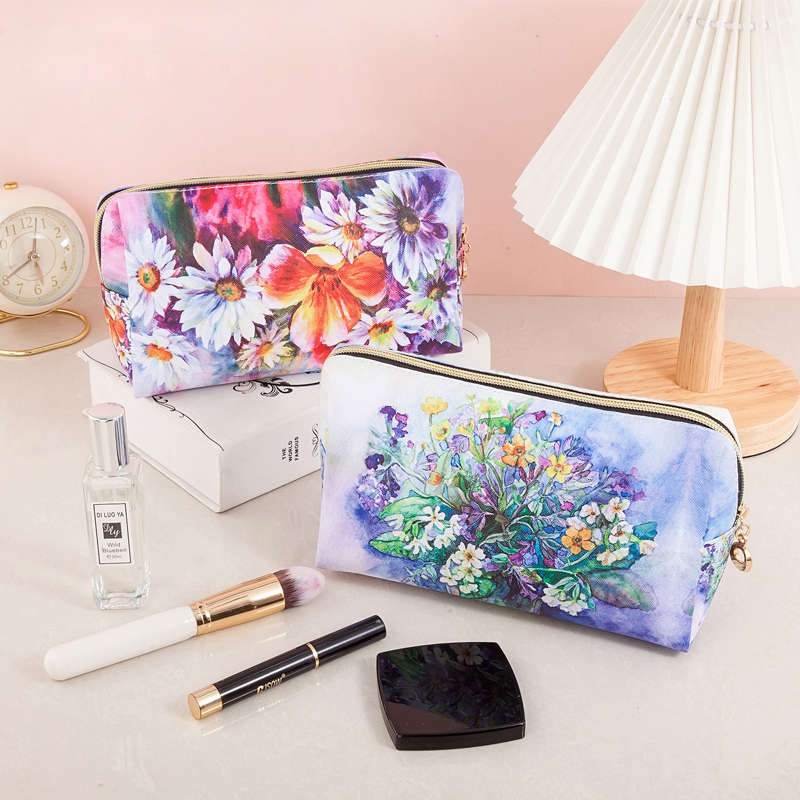 Oil Painting Style Waterproof PU Cosmetic Bag Fashionable Large Capacity Portable Storage Bag Multi Functional Makeup Bag