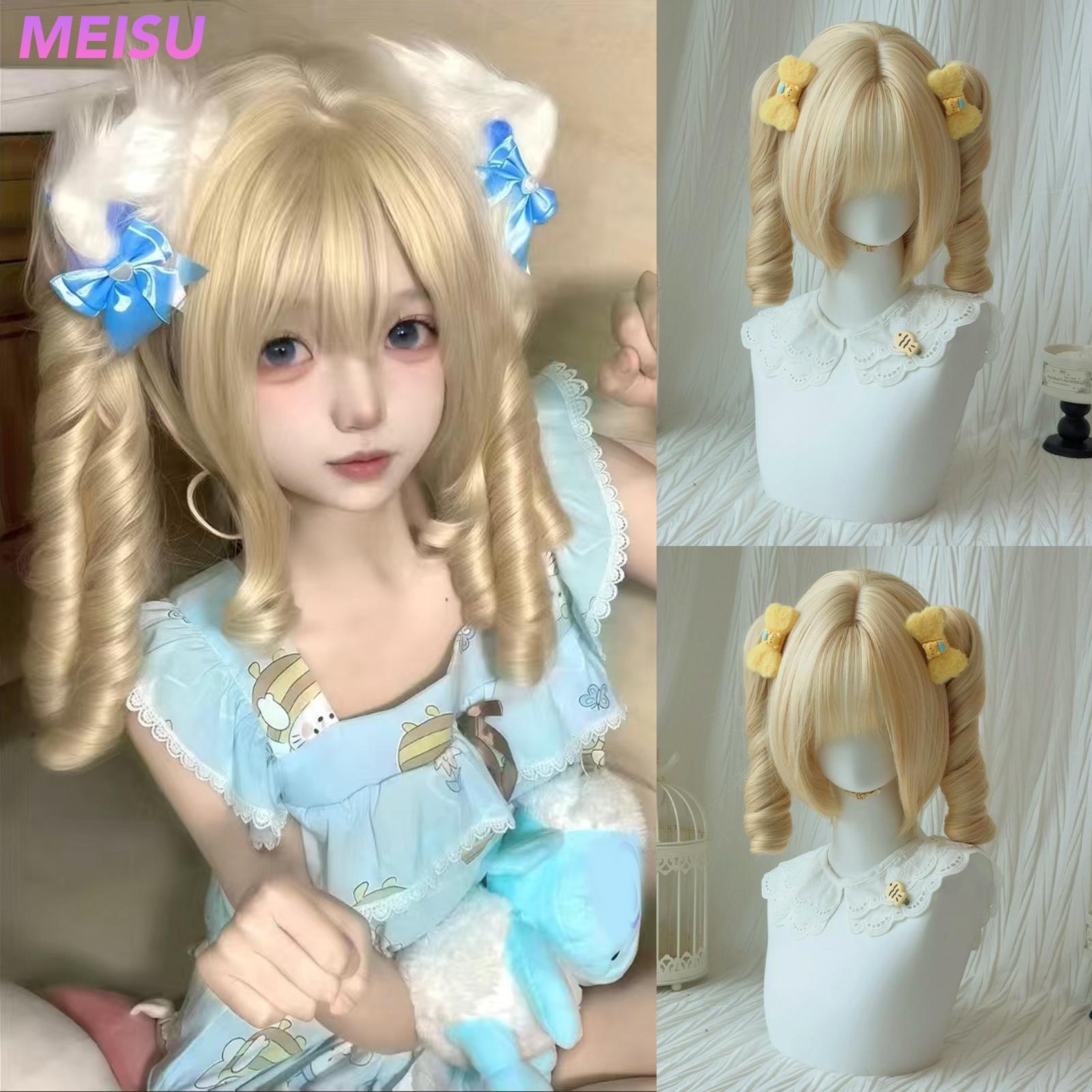 MEISU 16 Inch 2 Ponytail Lolita Bangs Blonde Synthetic Fiber Heat-Resistant Natural And Smoot Cosplay Party Selfie Women