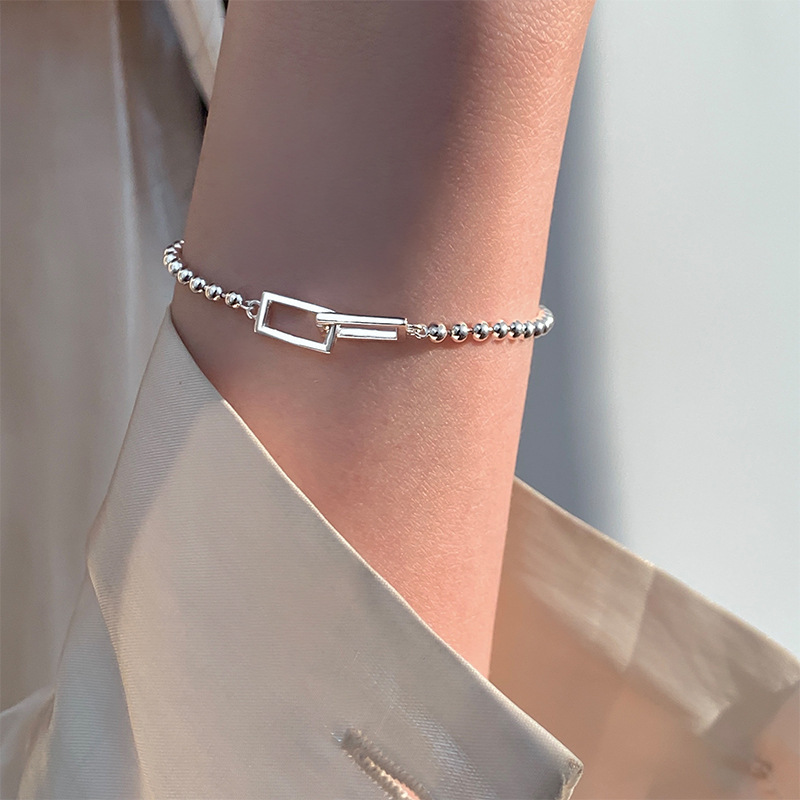 Silver Geometric Square Round Bead Bracelet For Women Personality Temperament Simple Hand Jewelry Party