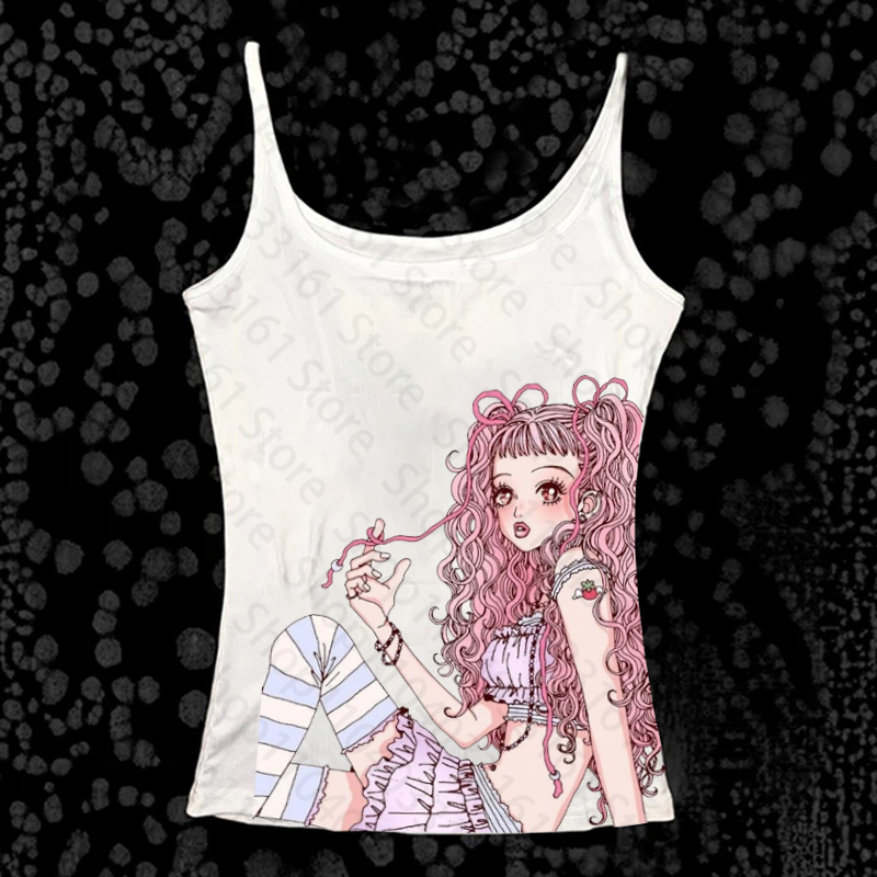 Cute and sweet cartoon printing Y2K spicy girl T-shirt exposed navel clothing Y2K women's top Gothic suspender EMO girl