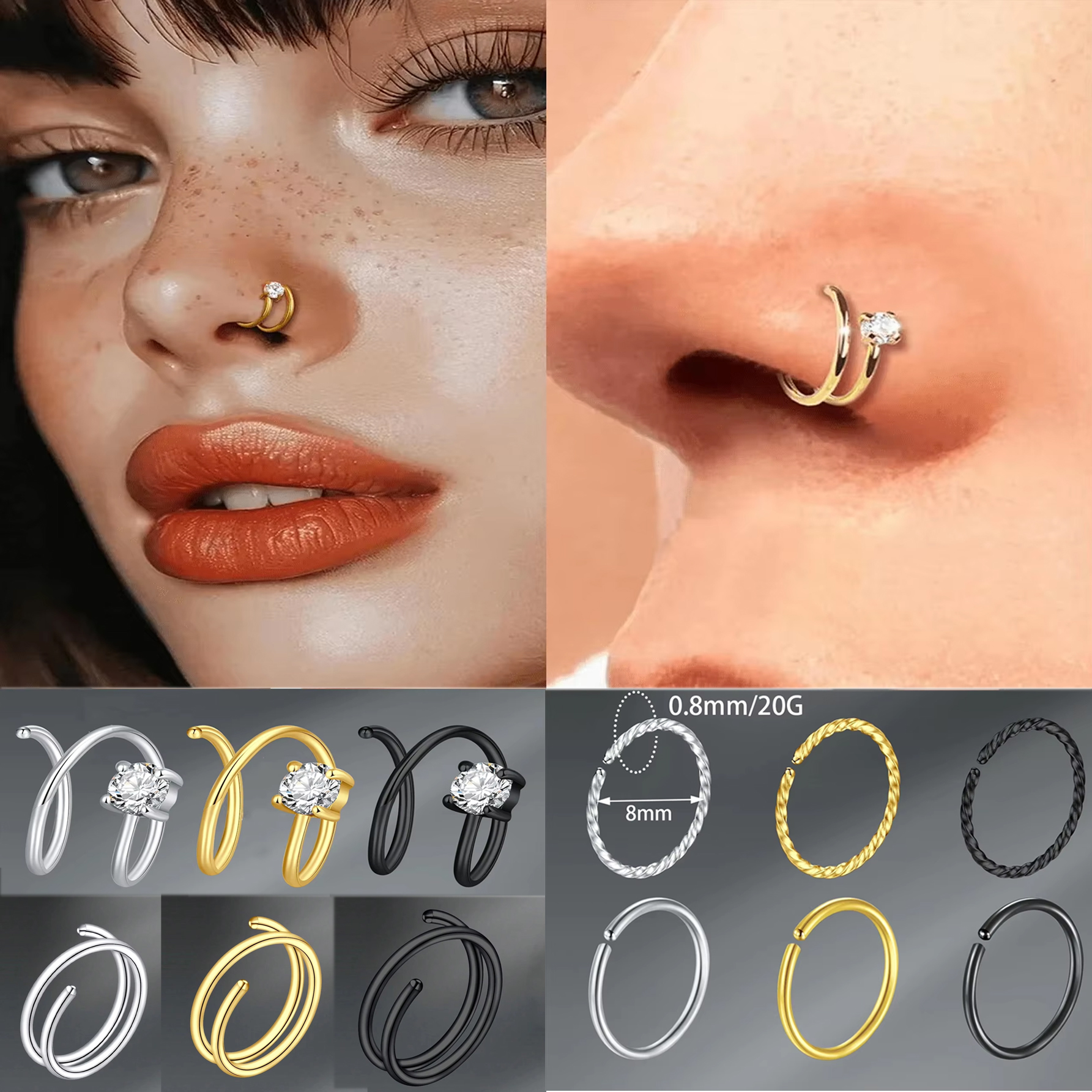 1pc 20G Stainless Steel Cubic Zirconia Nose Ring For Women Double Nose Ring Hoop Nose Piercing Jewelry Simple Stud Earring