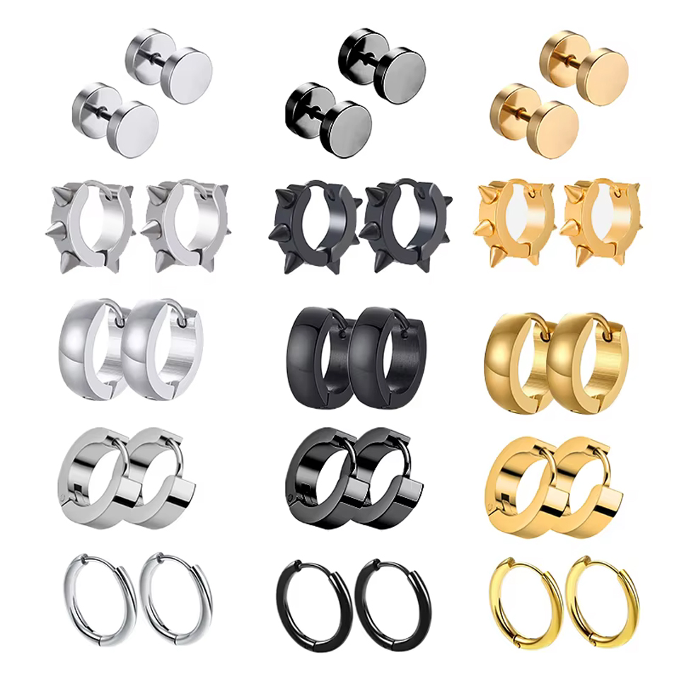 ZAKOL 1 Pairs Multi Types Black Gold Color Stainless Steel Earring For Women Men Punk Gothic Piercing Fake Earrings Jewelry