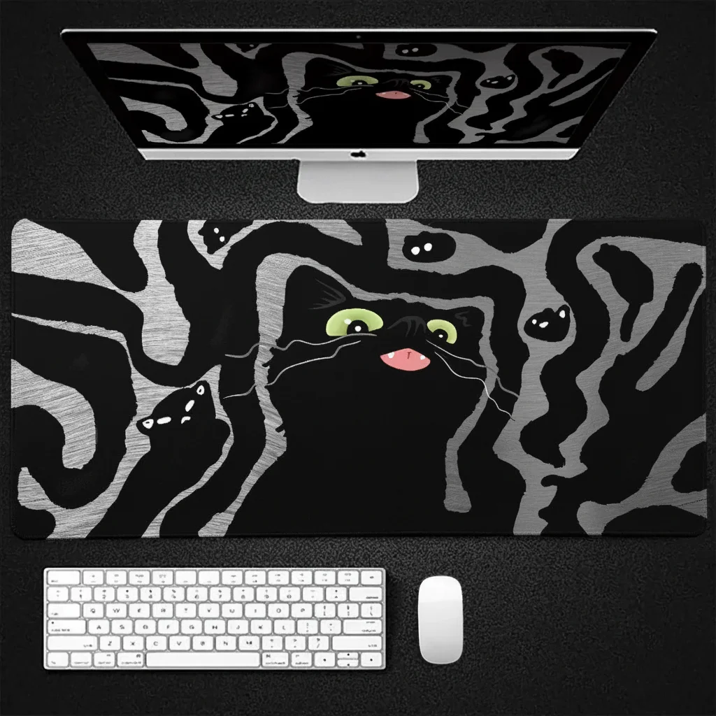 Art Black Cat Mouse Pad Cute Line Game Pc Gaming Anime Keyboard Expansion Pad Liquid Non-slip Base Office Accessories