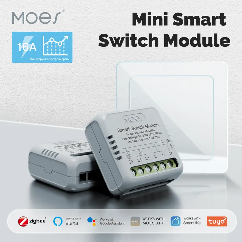 MOES Tuya ZigBee Smart Mini Switch Module Electricity Consumption Monitor Light Switch 1 Gang 16A Breaker Support Alexa lightify