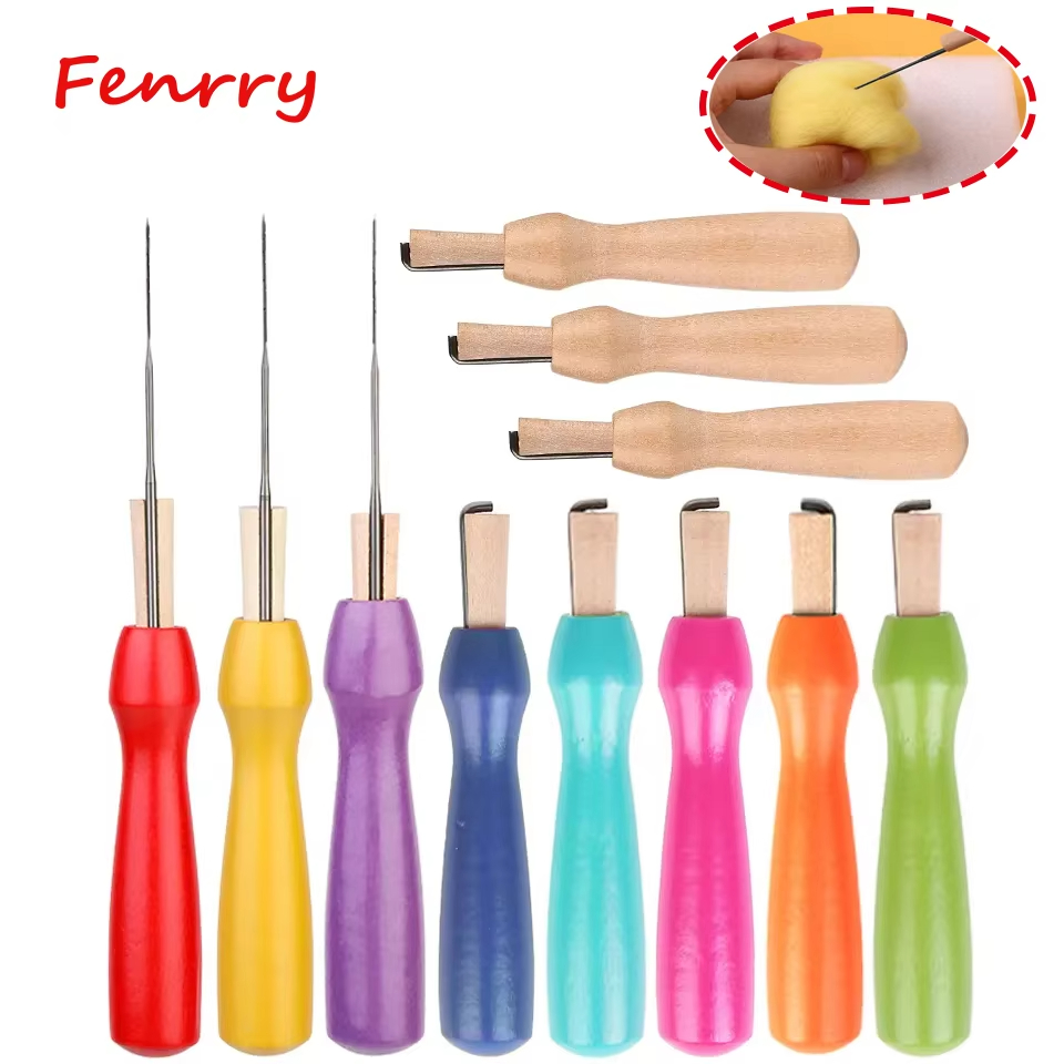 Fenrry 4Pcs Wooden Handle Wool Felt Tools DIY Craft Needle Felting Accessories for Beginner Wool Felt Needlework Tools Supplies