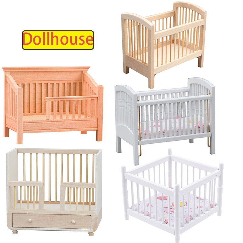 1Pcs Dollhouse Miniature Wooden Furniture Shaker Cradle Baby Bed Model Toys Nursery Simulation Crib Dolls Home Deccor Accessory