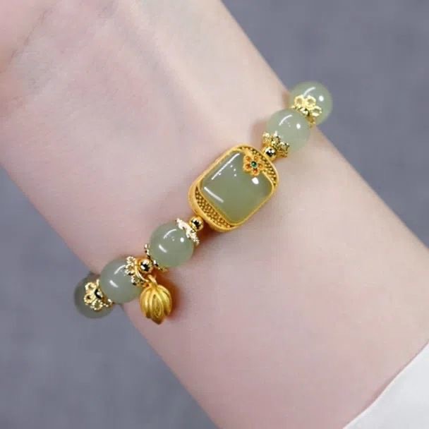 New Chinese Style Translucent Jade Bracelet for Women Summer Unique Lotus Seed Pod Peace Buckle Lucky Jewelry