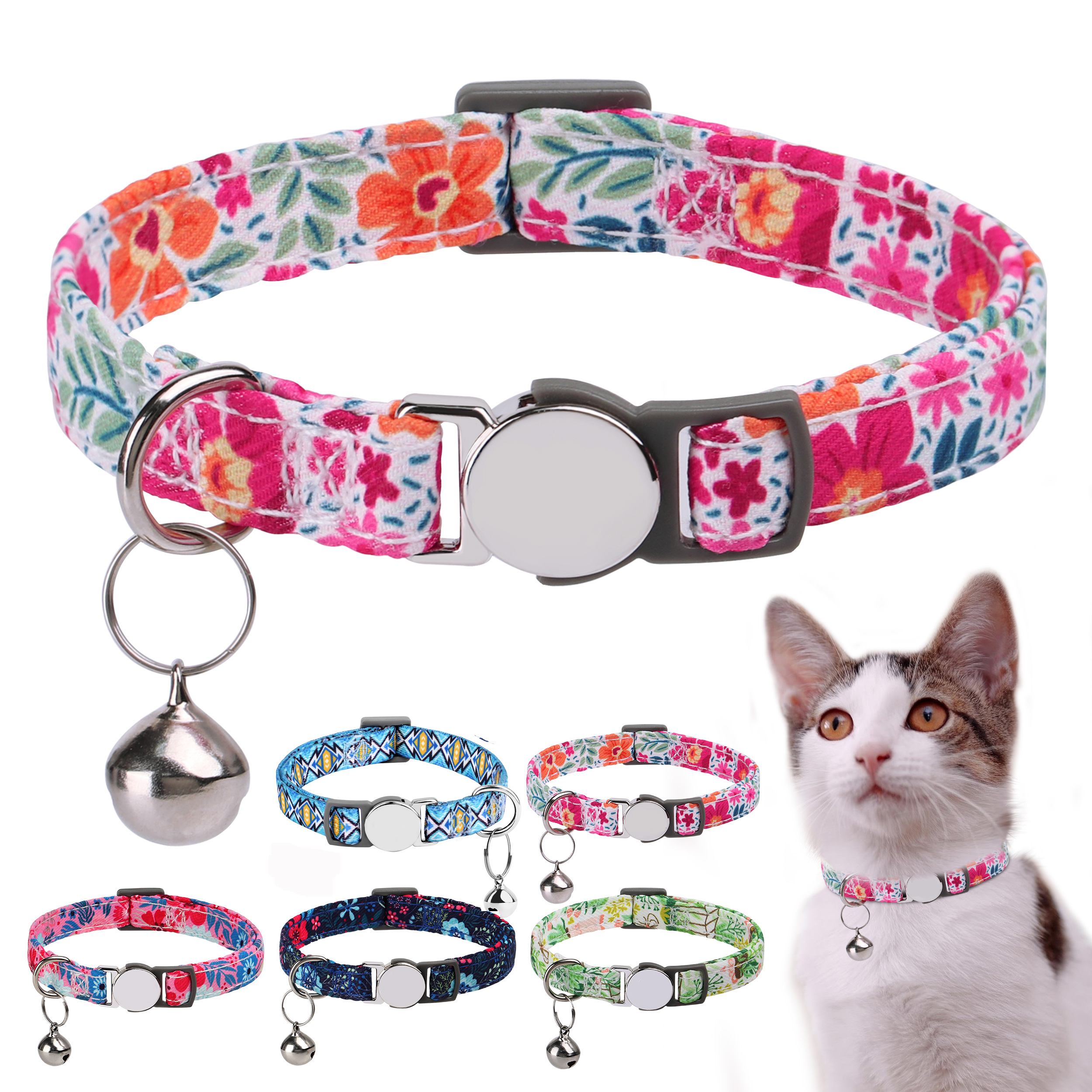 1/5Pcs Cute Printed Cat Collar Adjustable Kitten Puppy Collars With Bell Anti-lost Cats Collars Necklace Cat Accessories