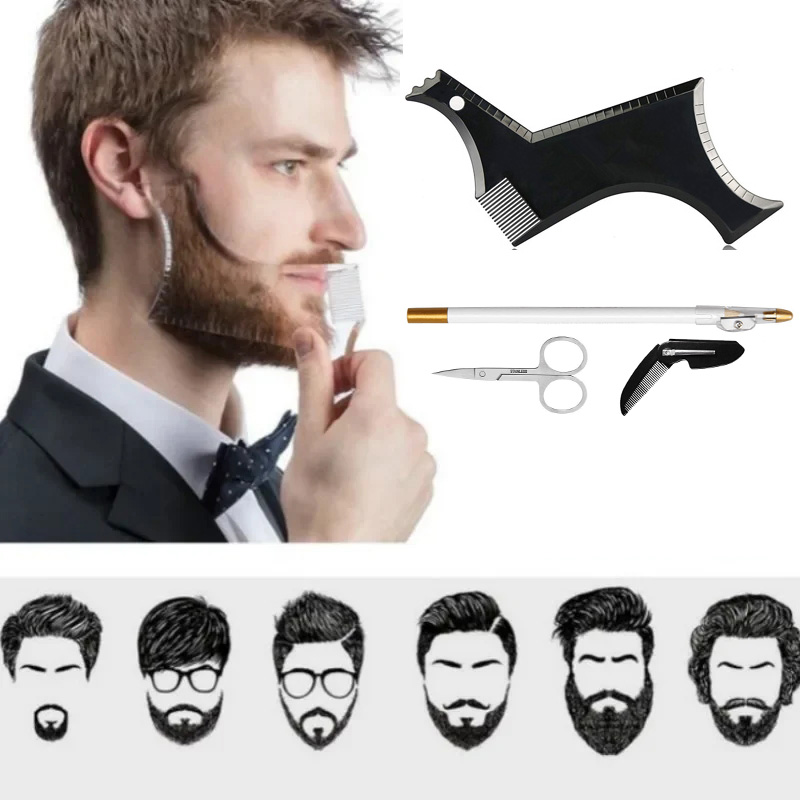 4Pcs Set Beard Shaping Kit Multi-Curve Hairline Template Beard Comb Pencil Scissors Barbershop Accessories Beard Styling Tool