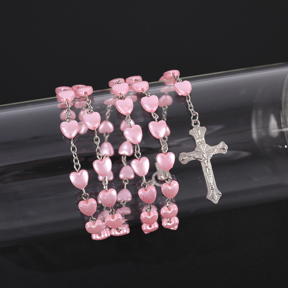 New Pink White Heart Rosary Necklace For Women Virgin Mary Cross Pendant Beads Chain Men Religion Prayer Party Jewelry