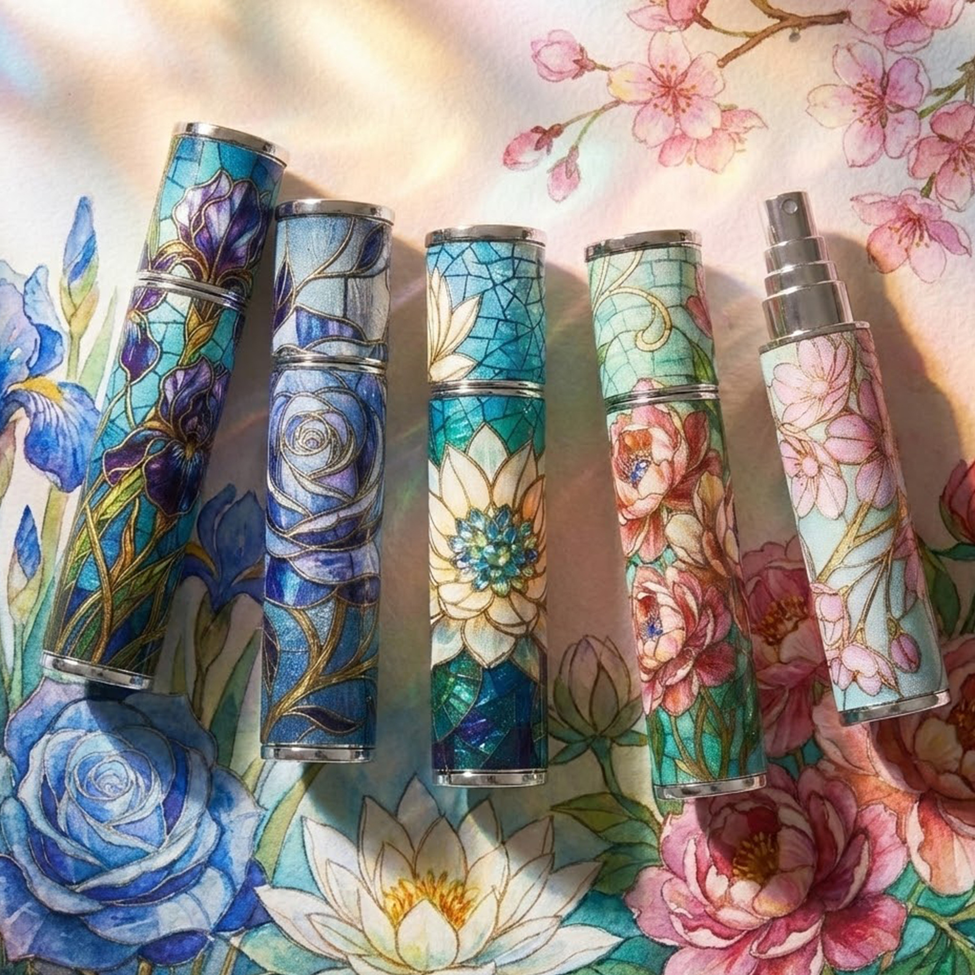 New 10ML Stained Glass Pattern Leather Perfume Dispensing Bottle Portable Spray Bottle Floral Pattern Refillable Bottles