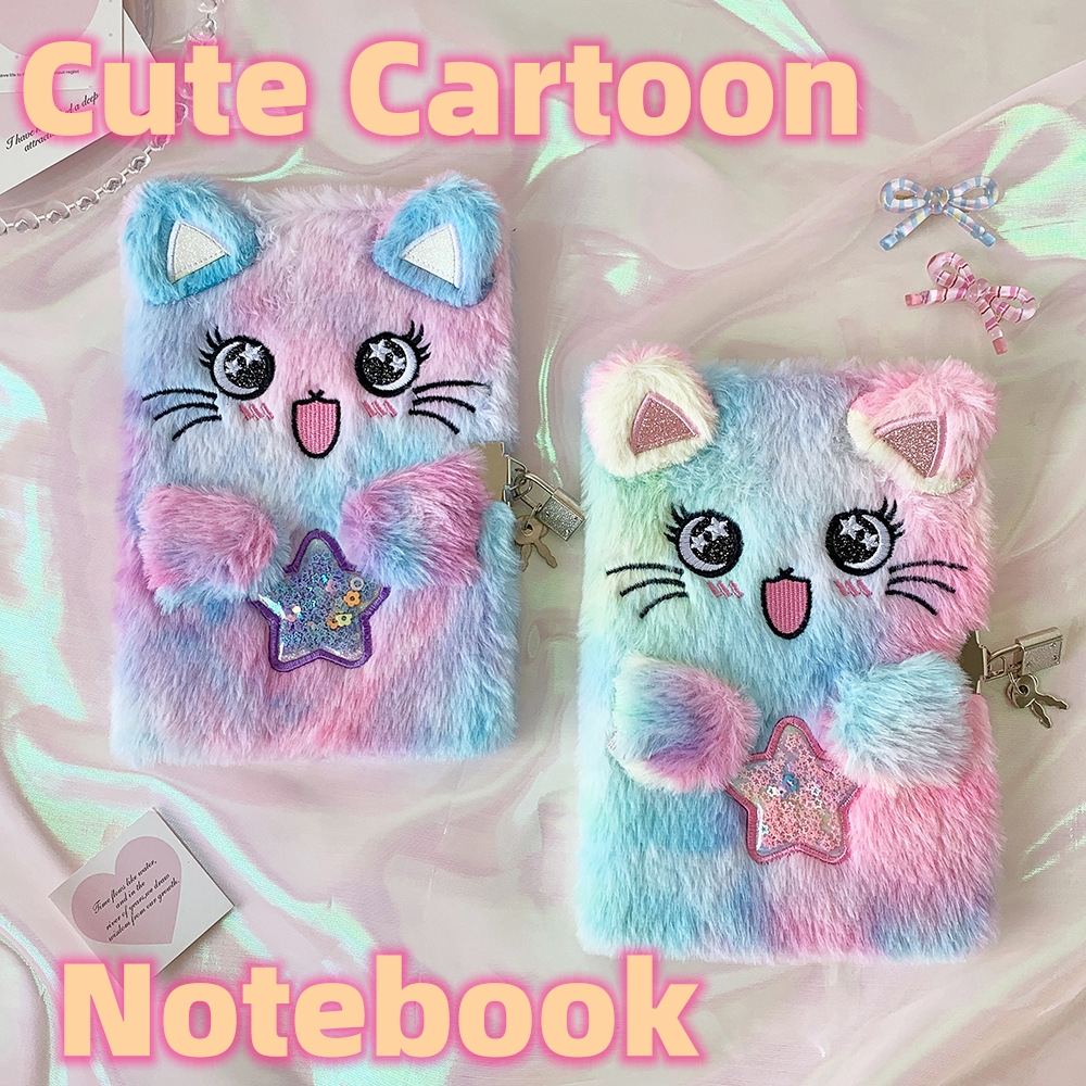 1pc Cute Cartoon Plush Cat with Lock A5 Notebook Student Stationery Classroom Homework Book Sweet Girl Kid Festival Reward