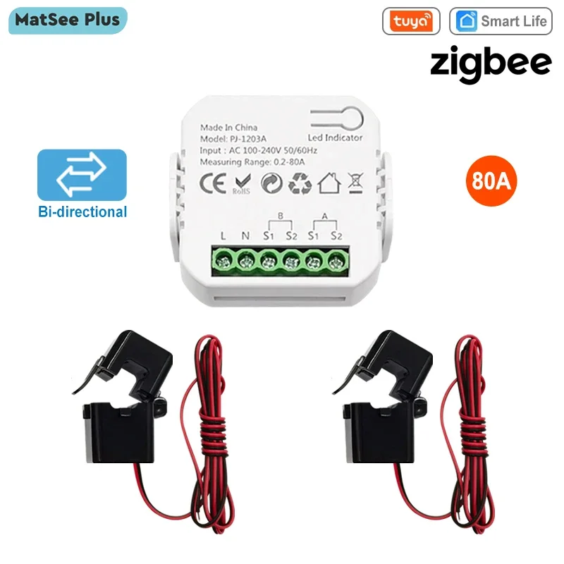 Tuya Smart Life ZigBee Energy Meter Bidirectional with Clamp CT App Monitor Solar Power,80A,110V 240VAC Durable