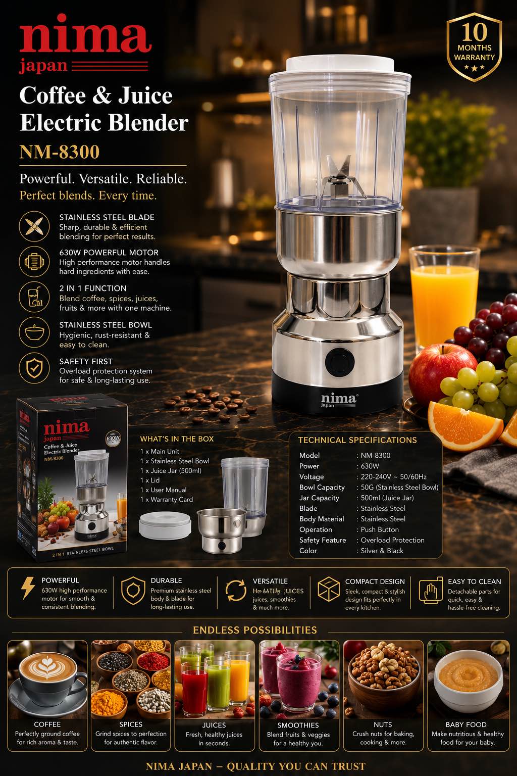 nima japan Coffee & Juice Electric Blender NM-8300 Powerful. Versatile. Reliable. Perfect blends. Every time. STAINLESS STEEL BLADE. 630W POWERFUL MOTOR. 2 IN 1 FUNCTION. STAINLESS STEEL BOWL. SAFETY FIRST.