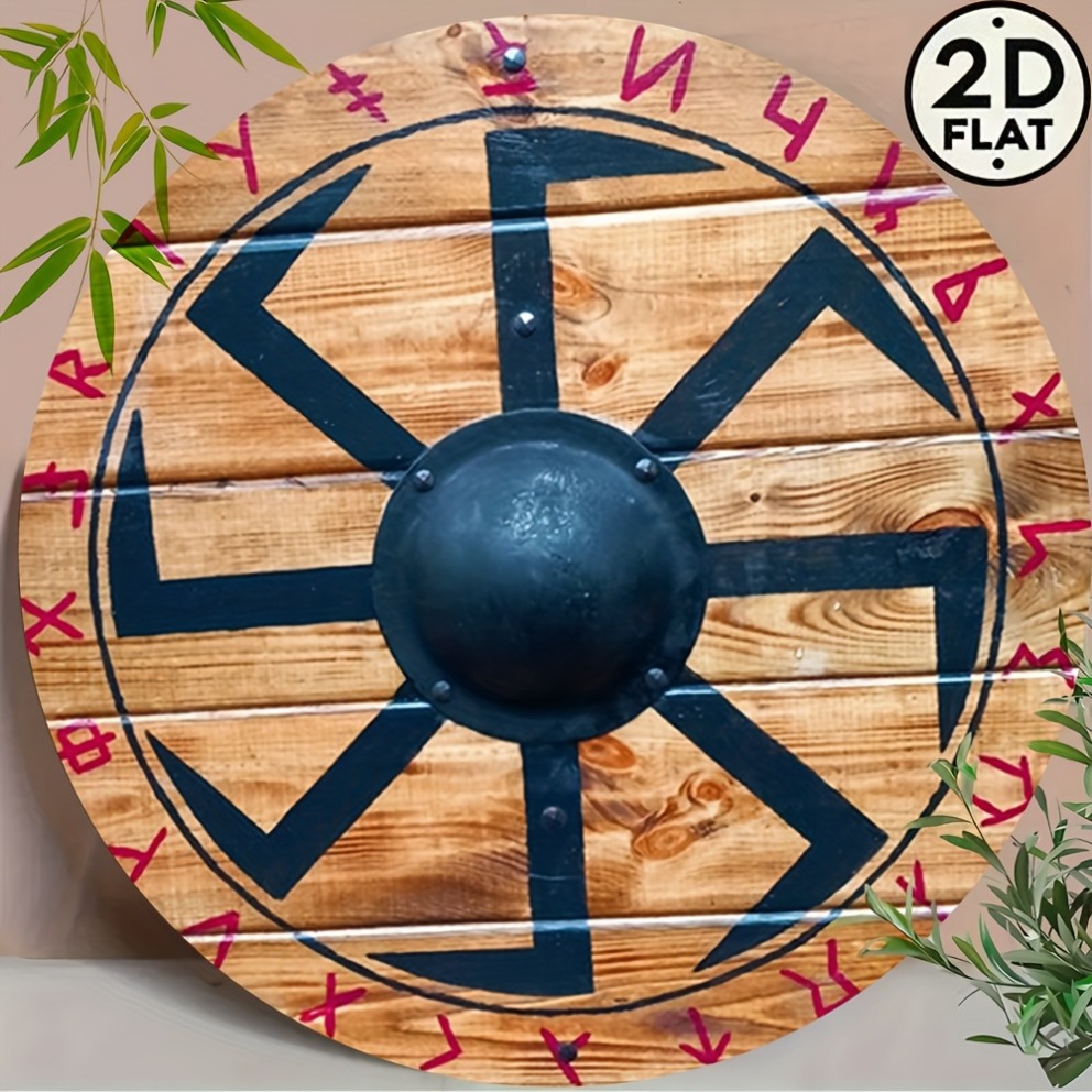 2D Flat Nordic Shield Metal Sign (1pc): 8-inch Round Vintage Viking Shield Decor, for Home/Wall Art, Ideal , 2D