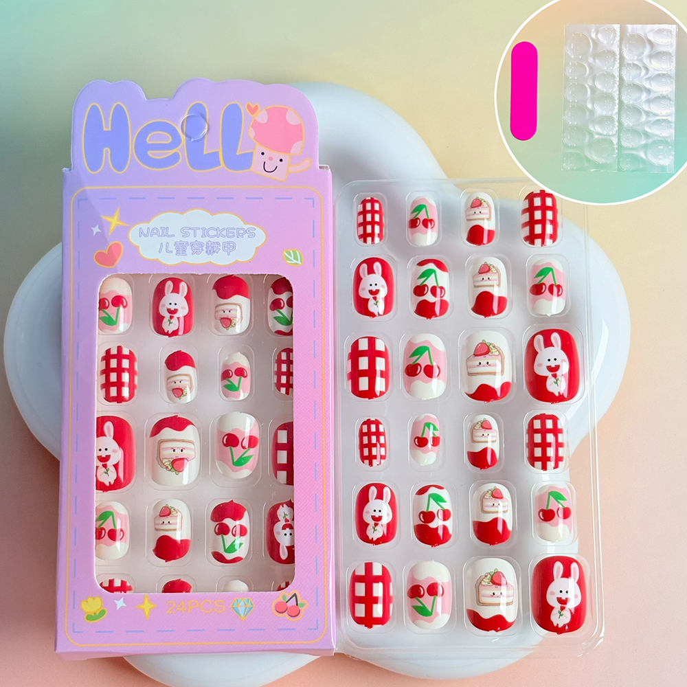 24pcs/B Cute Kids Press On Nails Red&White Checkered Fruit Patterns False Nails Short Round Fake Nails for Children's Birthday