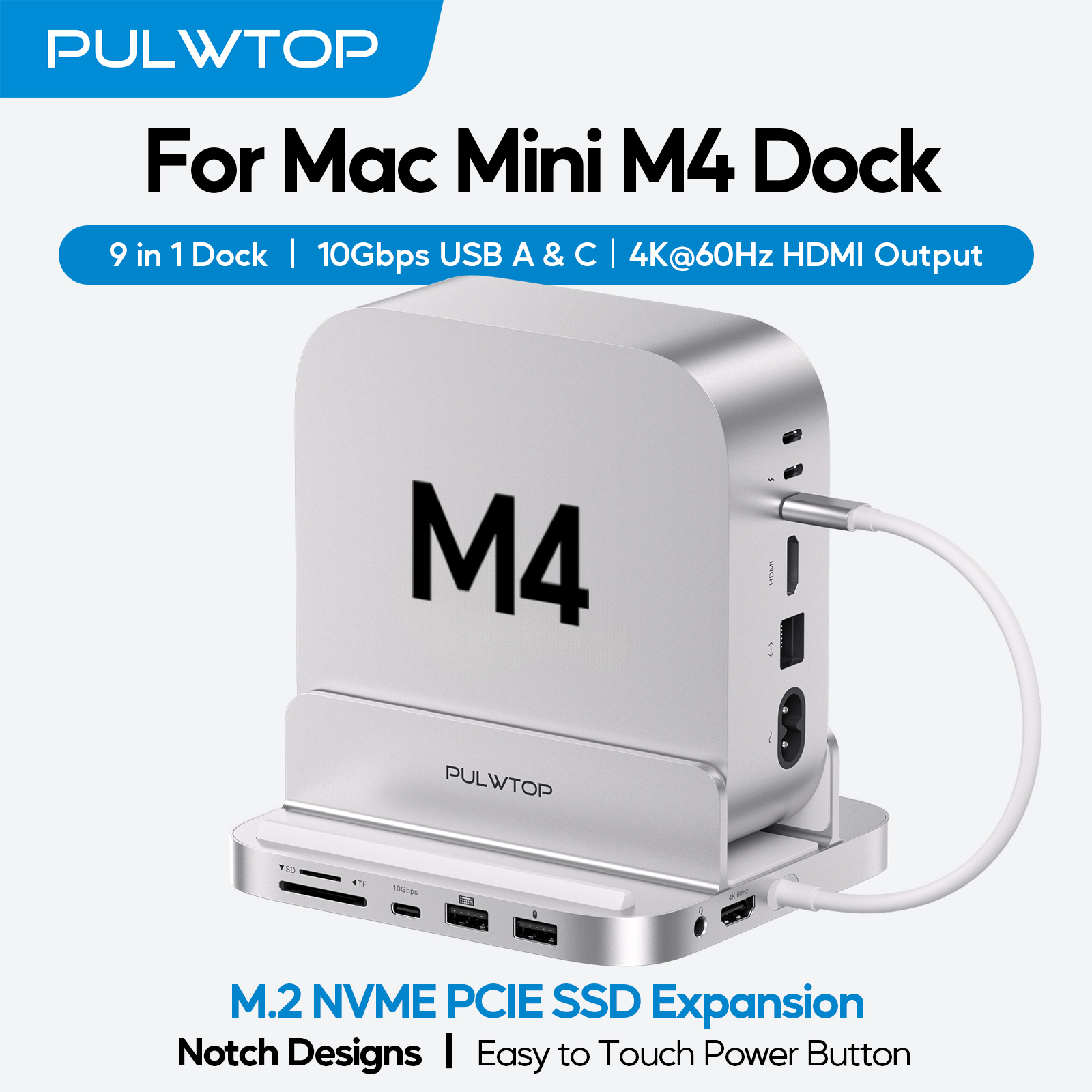 PULWTOP 9 in 1 Aluminum Vertical USB-C Hub for Mac Mini M4 Pro Hub Stand, 2xUSB-A 2.0, 3.5mm Audio, SD/TF (SSD NOT Included)