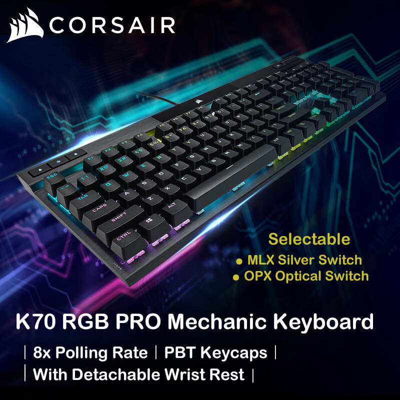 Corsair K70 RGB PRO Wired Mechanical Gaming Keyboard, OPX/MLX Switches 8000Hz Polling Rate, Full Size Aluminium Frame for PC