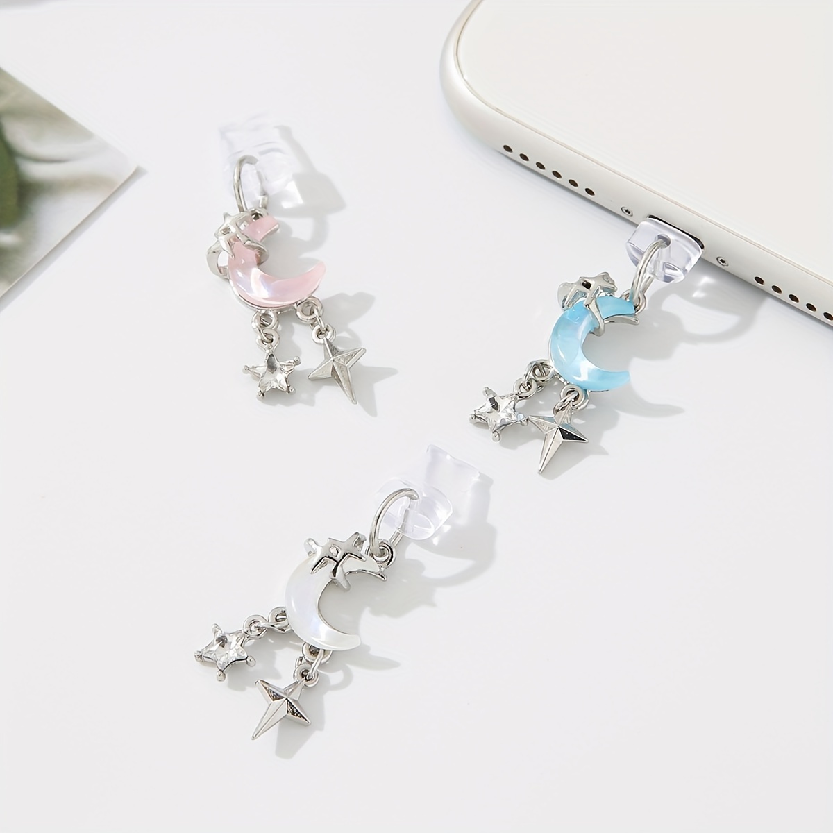 1Pc Dreamy Moon and Star Alloy Dust Plug Pendant, Simple Alloy Inlaid Colorful Moon Dust Plug Pendant, Cute Cartoon Phone Pendant pen gpt