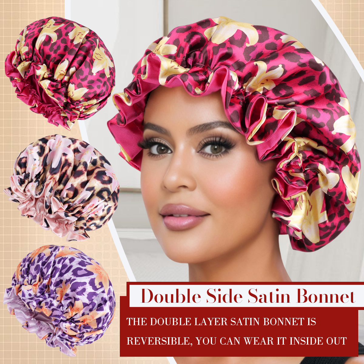 1PC Satin Bonnet for Hair, Leopard Floral Print, Ruffle Trim, Protect Hair Lock Moisture Save Styles, Sleep Cap for Women/man