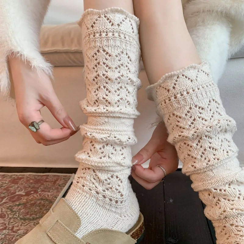 1 Pair Women's Knit Hollow High Socks Wool Long Calf Socks for Woman White Retro Slouch Socks Stockings Hosiery