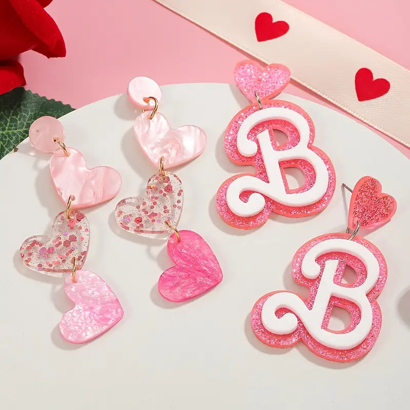 Chic Pink Sparkling B & Heart Design Stud Earrings - Stainless Steel Posts Acrylic No Plating - Perfect for Casual Attire & Pa