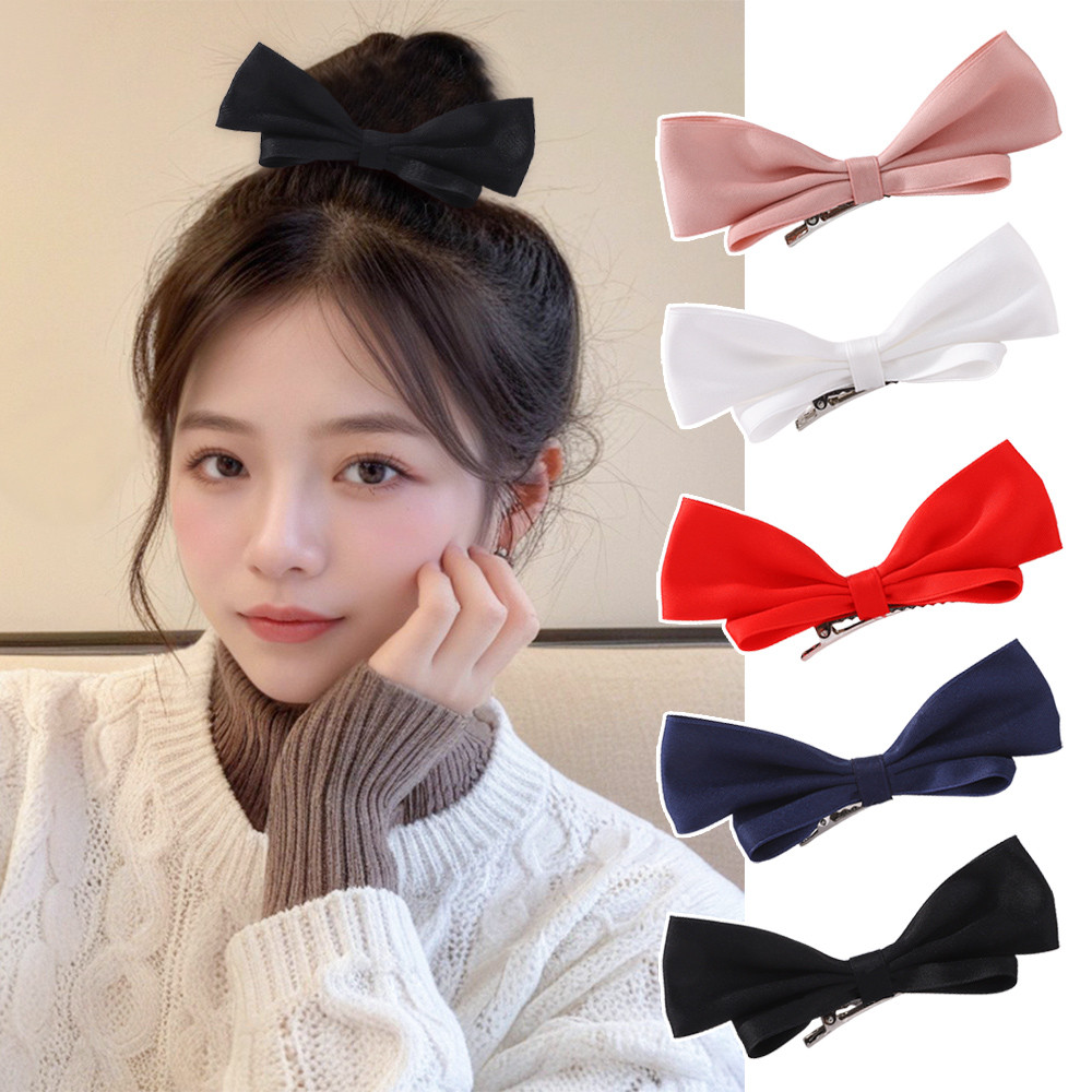 2pcs Korean Style Piece Satin Bowknot Side Hairpin Black White Ribbon Hair Bows Clips for Women Girls Summer Hair Accessories
