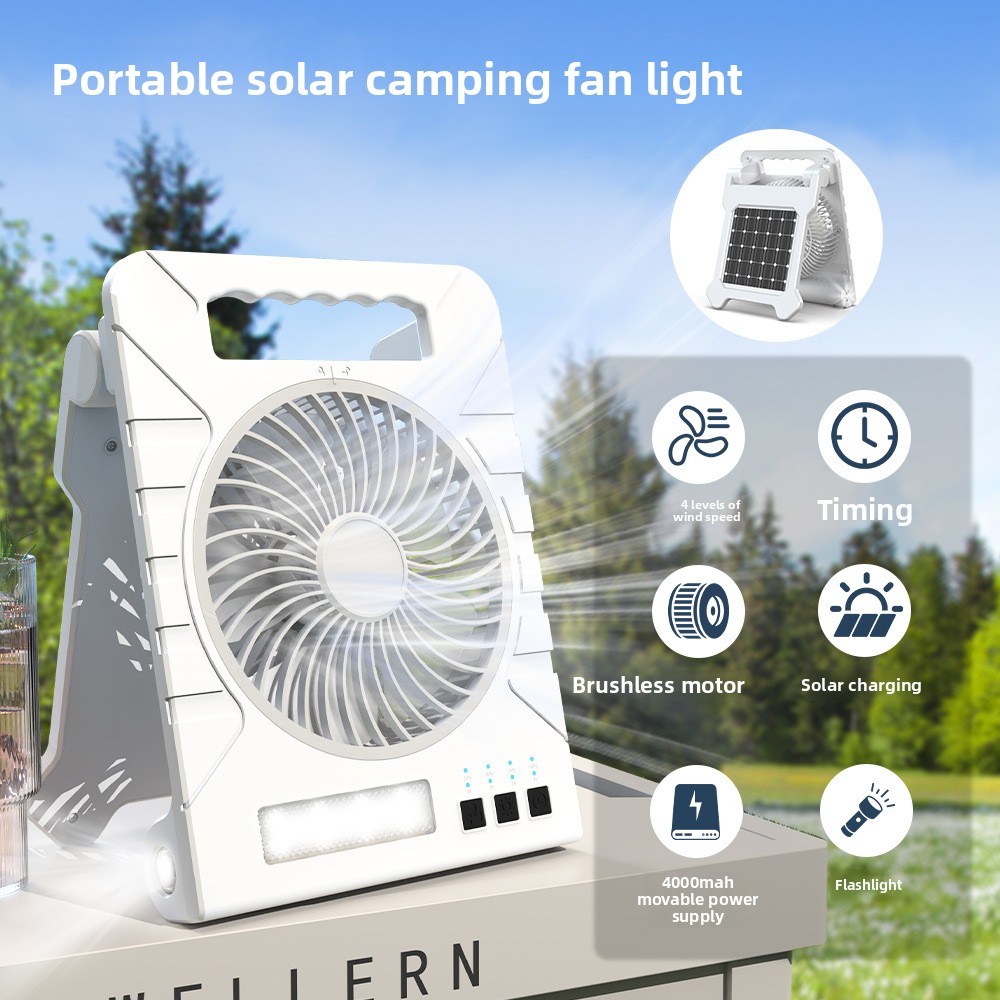 Portable Powered Camping Solar Fan Rechargeable Handheld LED Light Power Bank USB Dual Charging for Outdoor Fishing Wild Camping