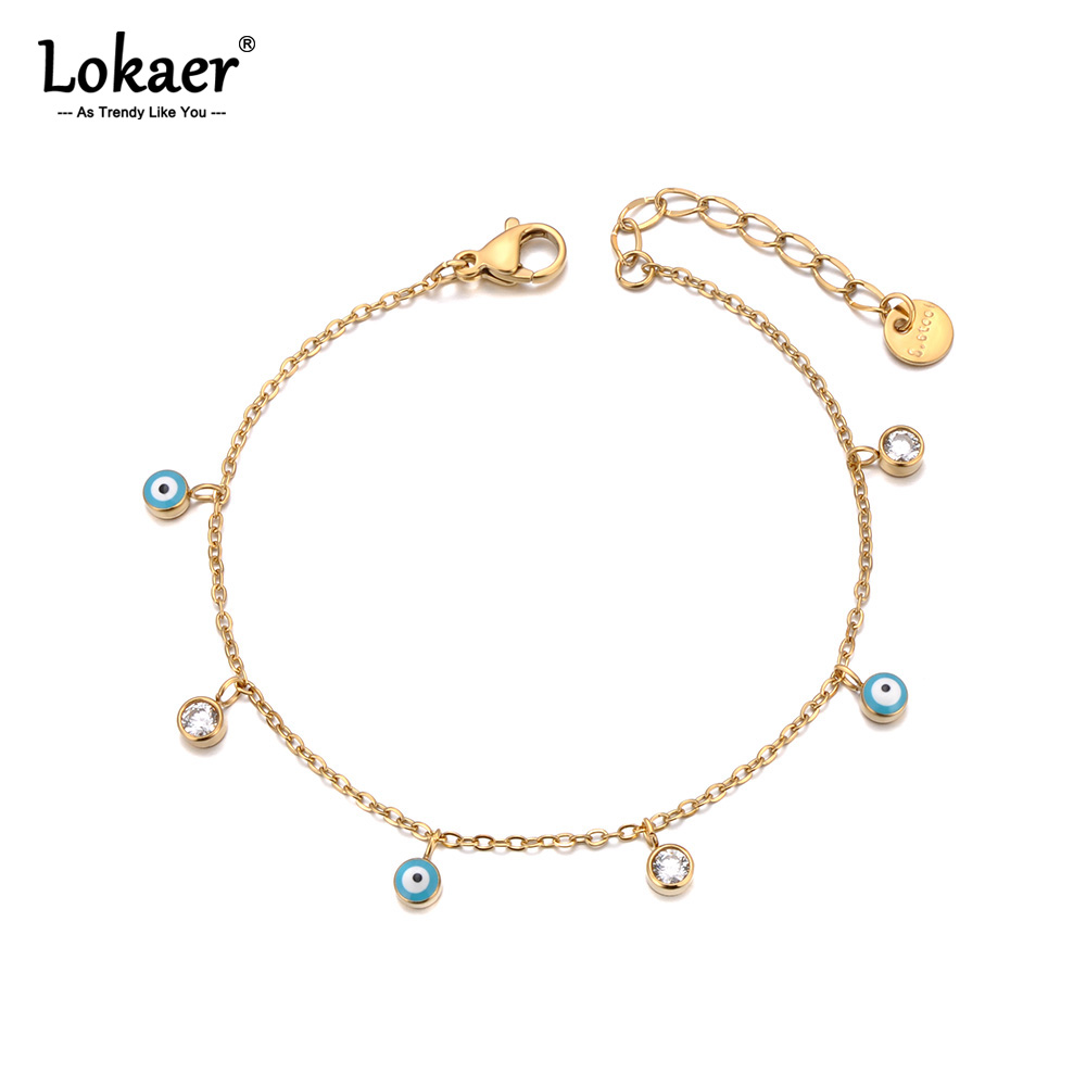 Lokaer Vintage Enamel Blue Eye Charm Bracelets for Women Stainless Steel Cubic Zirconia Chain Bracelet Waterproof Jewelry B24110