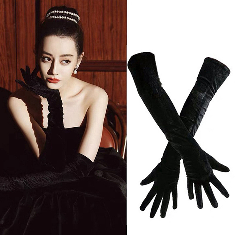1Pair Black Elastic Party Prom Etiquette Wedding Dress Retro Accessories Luxury Velvet Women Long Gloves