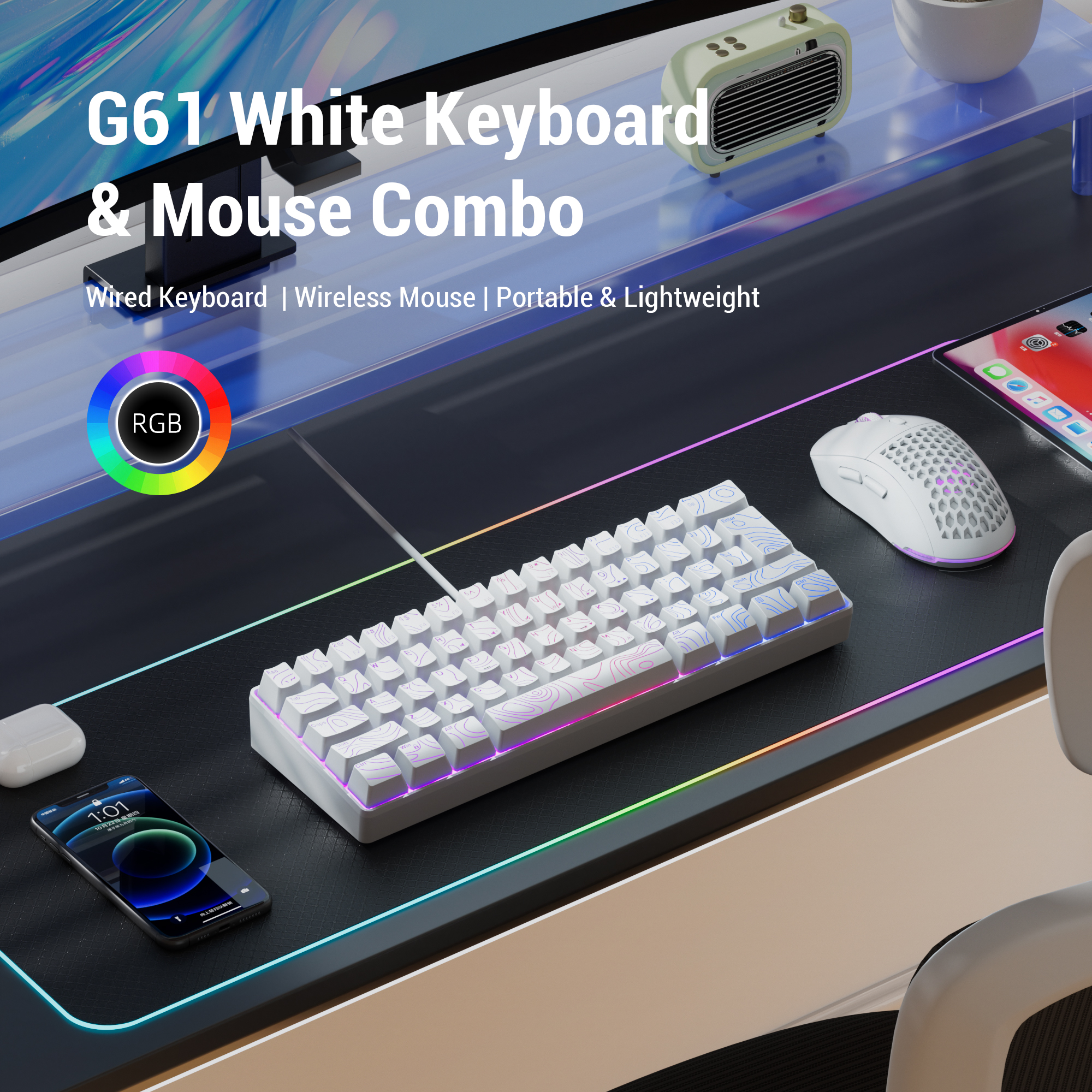 60% Compact Wired Keyboard with RGB Backlight, Numeric Keypad and Mouse Set, Suitable for Windows Tablets, Laptops and Gamers,